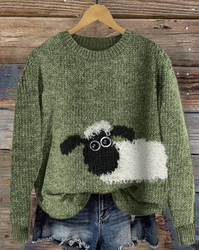 Vintage Cute Sheep Art Print Knit Pullover Sweater