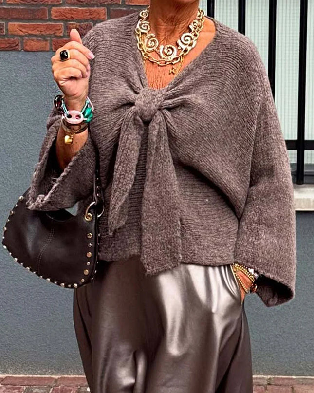 Solid Color V-Neck Long Sleeve Lace-Up Loose Sweater