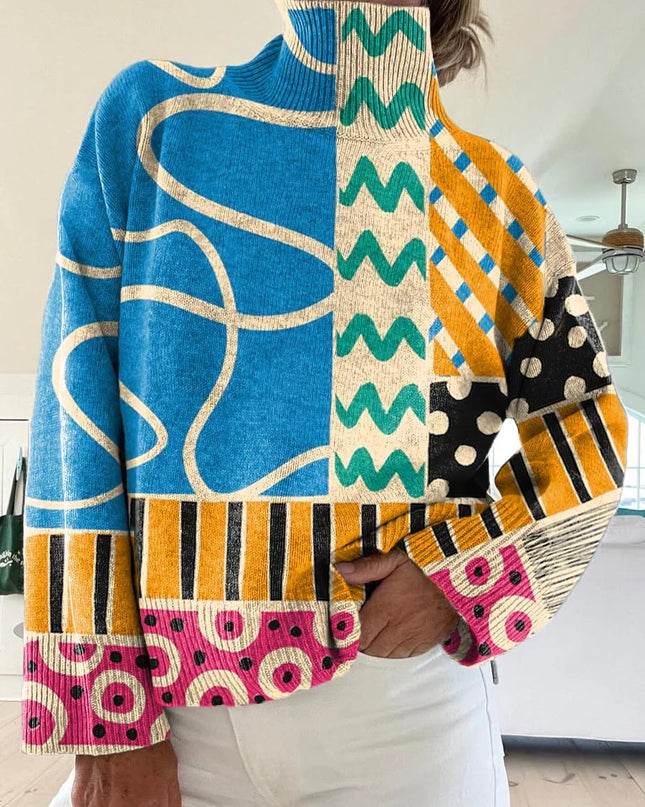 Women's Vintage Geometric Pattern Art Print Knit Turtleneck Pullover Sweater