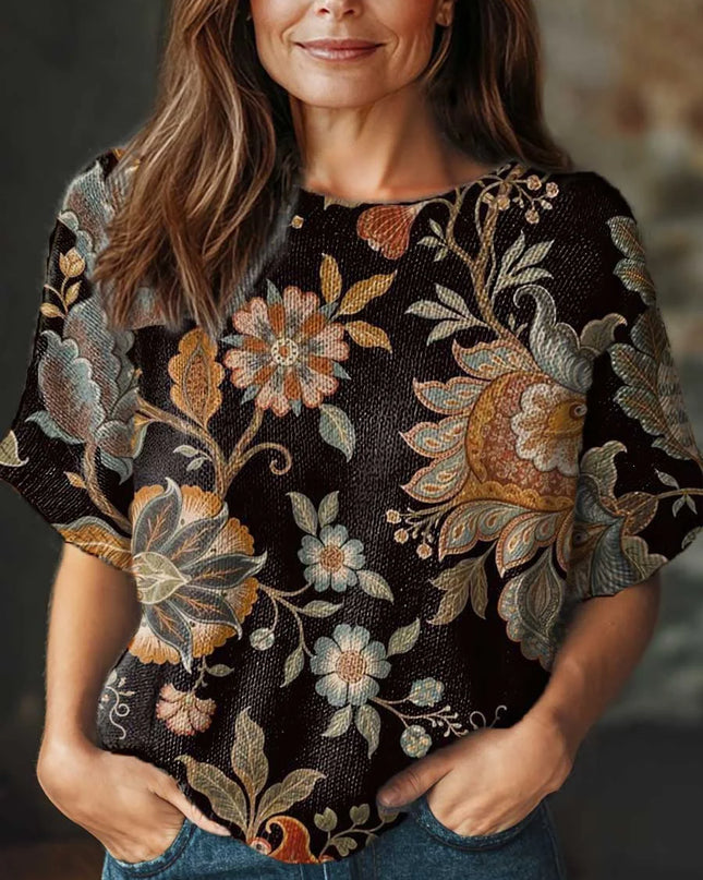 Women's Vintage Ethnic Art Flower Print Casual Crew Neck Short Sleeve Knitted Sweater