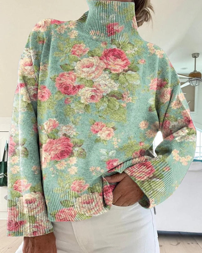 Women's Vintage Lovely Floral Pattern Art Print Knit Turtleneck Pullover Sweater