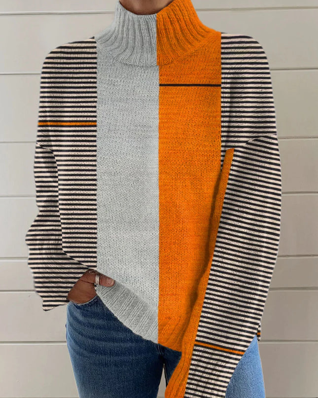 Vintage Abstract Geometric Art Print Knit Turtleneck Pullover Sweater