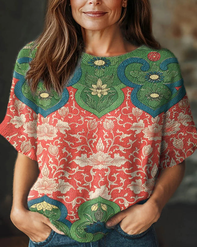 Lotus Garden Sweater Wool Blend Short Sleeve Crewneck Knit