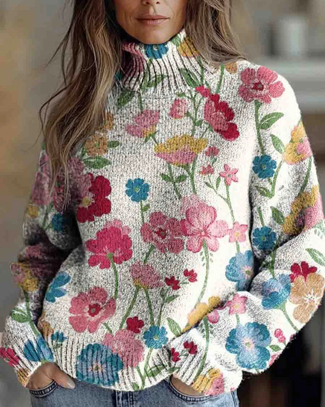 Women's Artistic Creative Flowers Print Knit Turtleneck Pullover Sweater