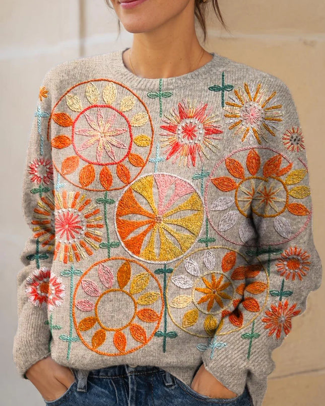 Sunburst Mosaic Embroidered Knit Sweater