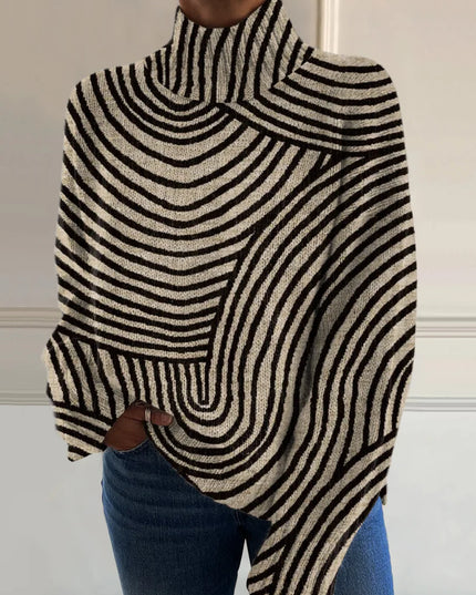 Vintage Hand Drawn Line Pattern Print Knit Turtleneck Pullover Sweater