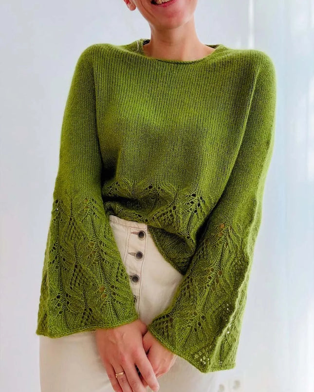 Women's Solid Color Round Neck Long Sleeve Casual Loose Hollow Splicing Sweater