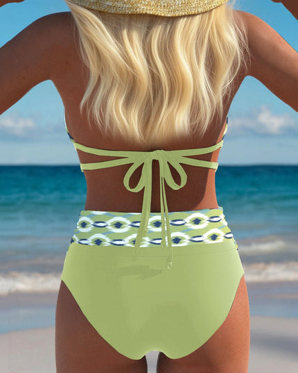 Printed Halter Bikini with High-Waist Shell Accent