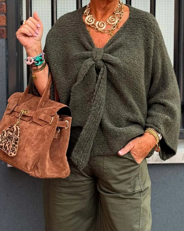 Solid Color V-Neck Long Sleeve Lace-Up Loose Sweater