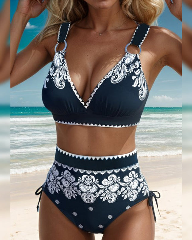 Navy & White Paisley High Waist Bikini
