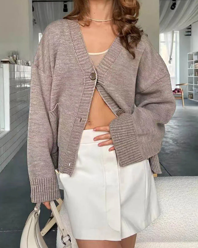 Women's Solid Color V-Neck Long Sleeve Casual Loose Cardigan Sweater