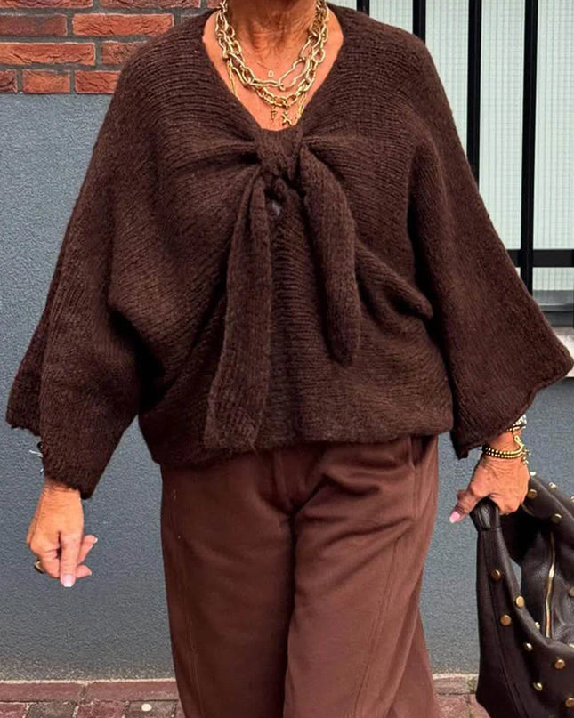 Solid Color V-Neck Long Sleeve Lace-Up Loose Sweater