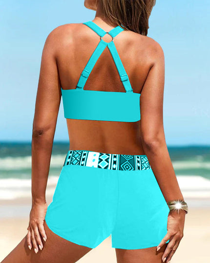 Geo-Print Halter Tankini with Shorts