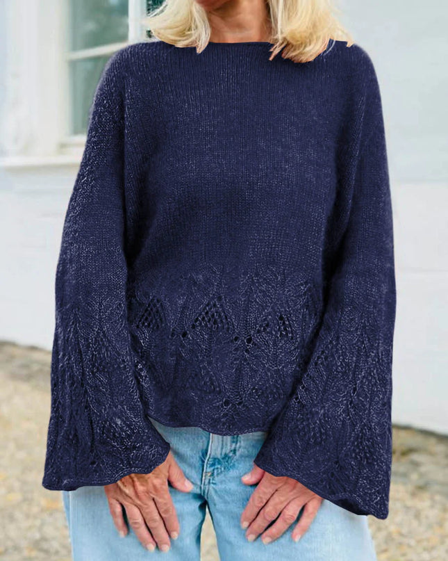 Women's Solid Color Round Neck Long Sleeve Casual Loose Hollow Splicing Sweater