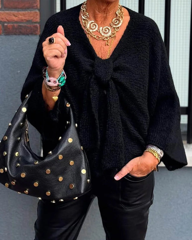 Solid Color V-Neck Long Sleeve Lace-Up Loose Sweater
