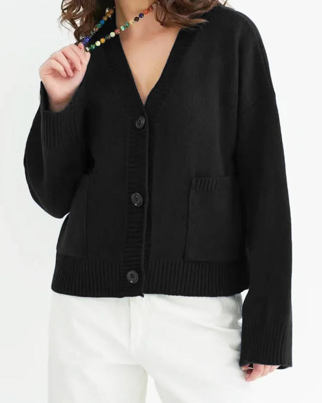 Women's Solid Color V-Neck Long Sleeve Casual Loose Cardigan Sweater