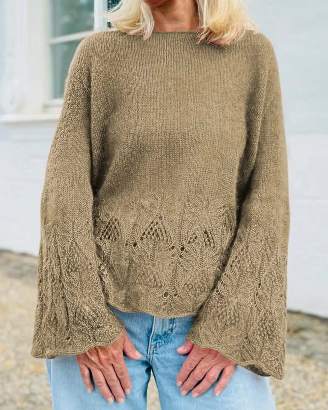 Women's Solid Color Round Neck Long Sleeve Casual Loose Hollow Splicing Sweater