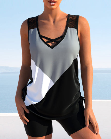 Block Lace-Detail Tankini Set
