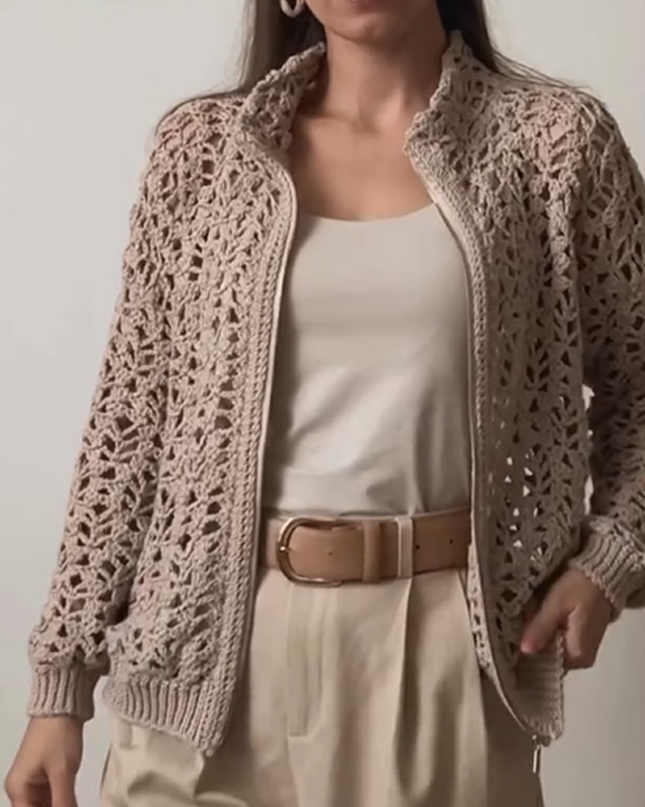 Vintage Crochet Openwork Zipper Sweater