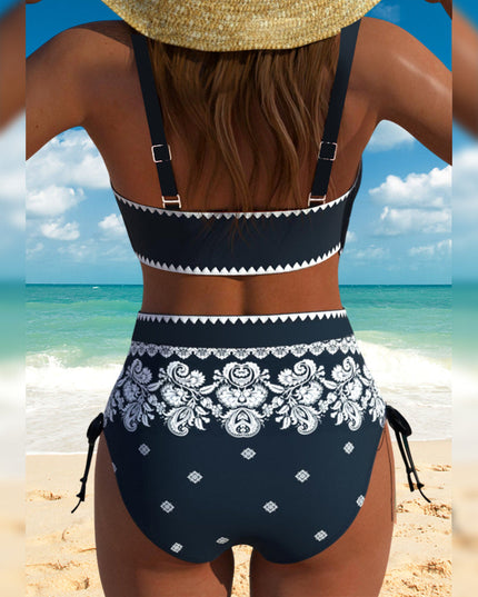 Navy & White Paisley High Waist Bikini