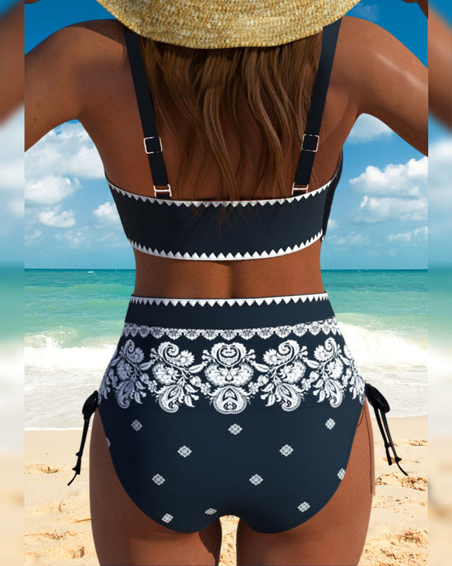 Navy & White Paisley High Waist Bikini