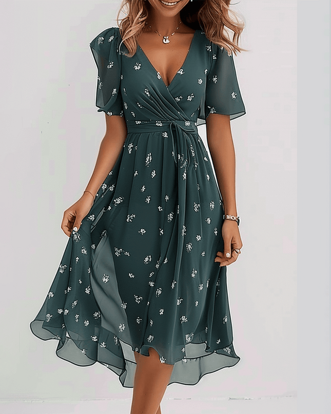 Ophelia | Groovy Short Sleeve Green Midi Dress