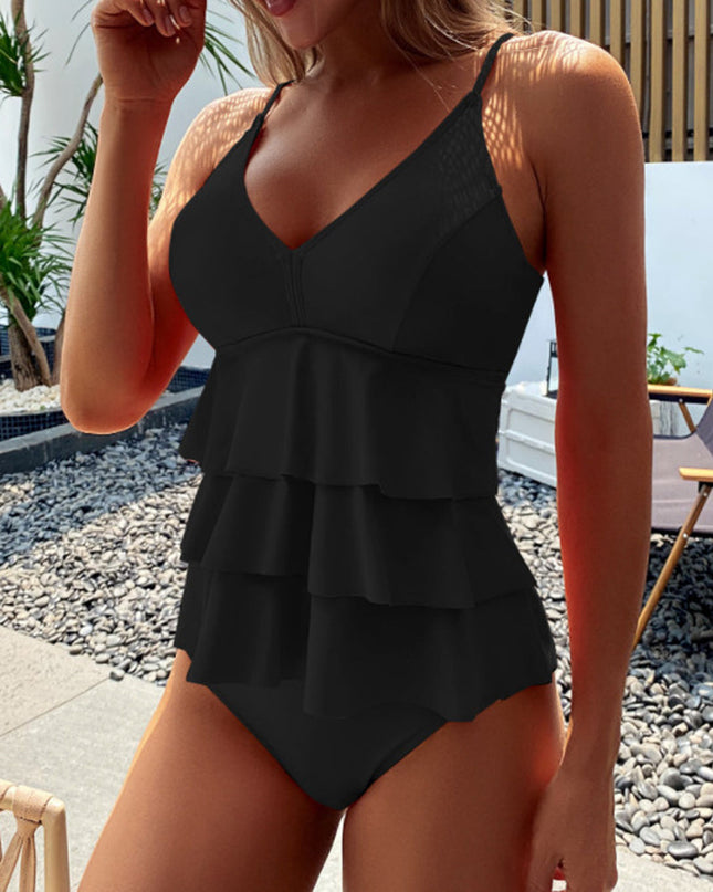 Solid Ruffle Split Tankini
