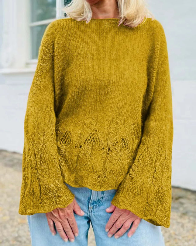Women's Solid Color Round Neck Long Sleeve Casual Loose Hollow Splicing Sweater