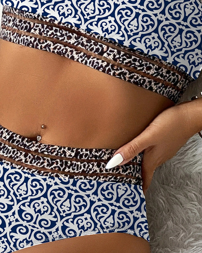 Blue Mosaic & Leopard Trim Bandeau Bikini