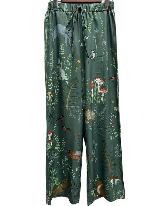 Forest Green Wide Leg Printed Pants
