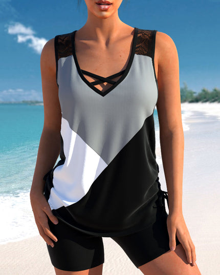 Block Lace-Detail Tankini Set