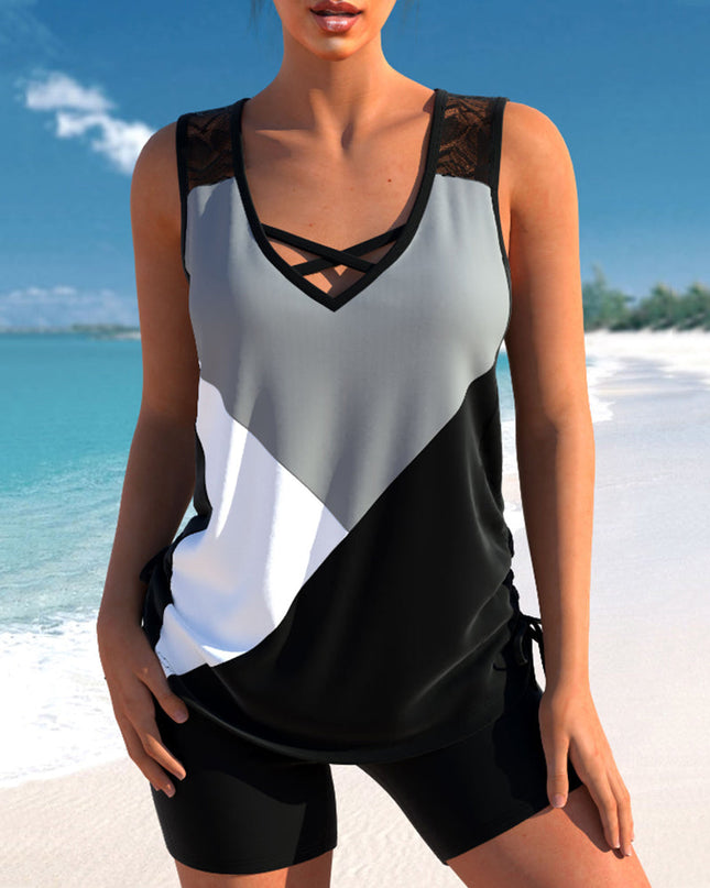 Block Lace-Detail Tankini Set