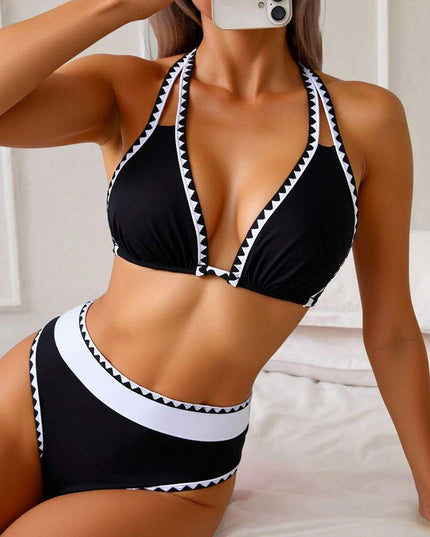 Black & White Geo-Trim Halter Bikini
